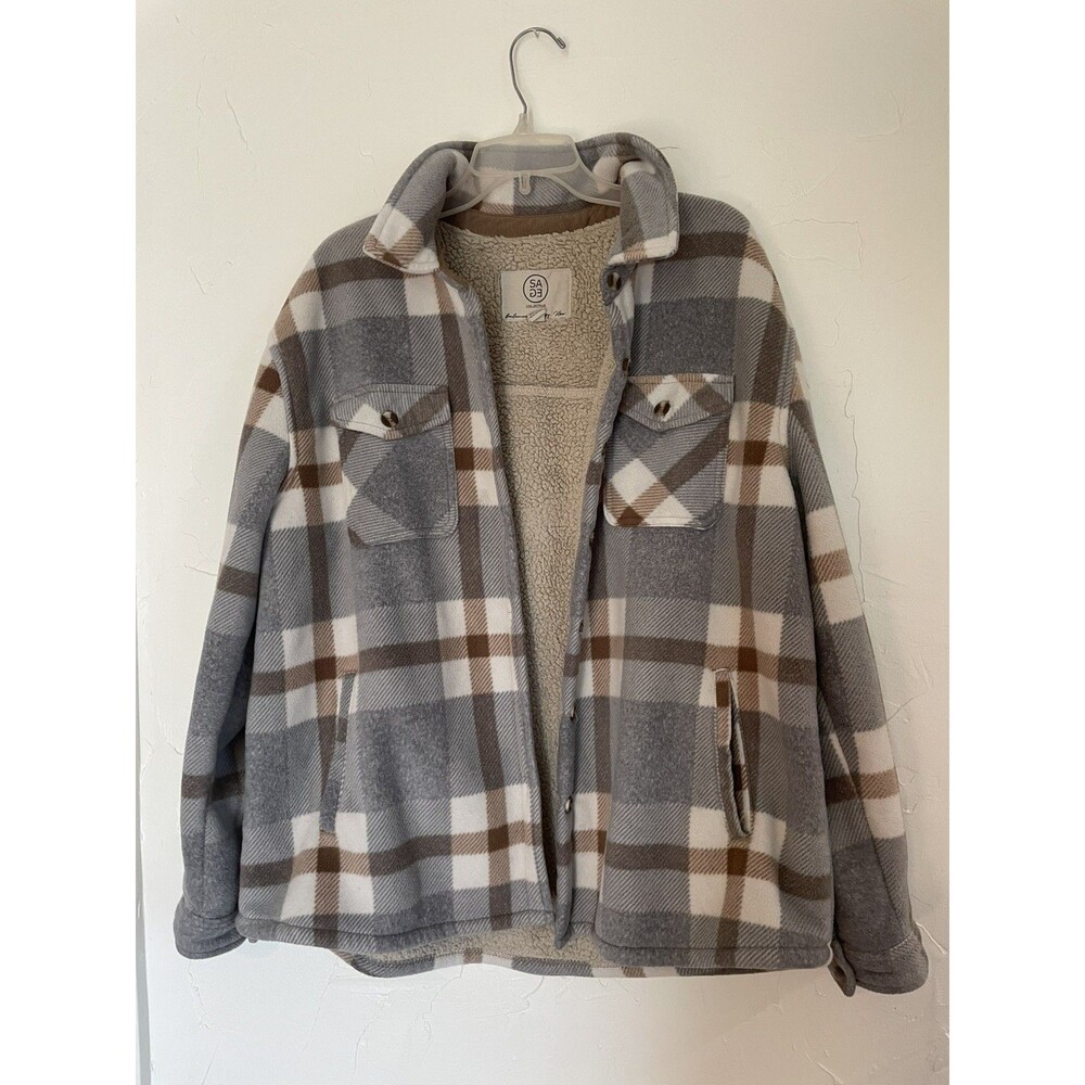SAGE Collective Womens XL Plaid Sherpa Lined Shacket Jacket Grat